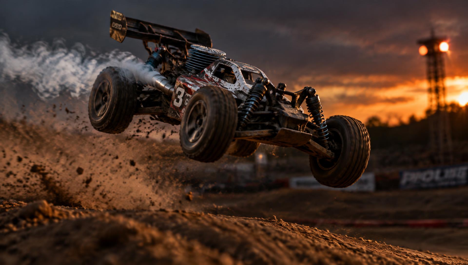 Nitro RC buggy in mid-air
